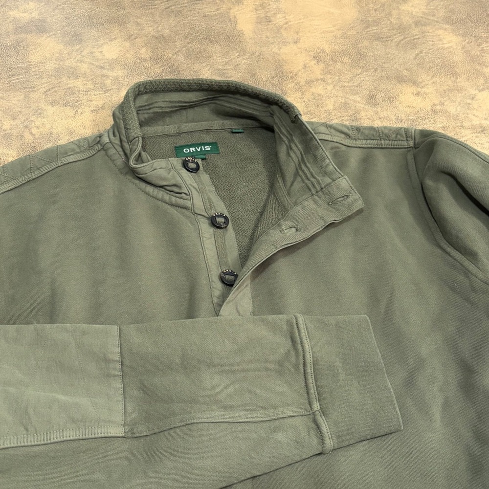 Orvis Pullover Sweatshirt Mens Large Olive Green Quilted Yoke Button Neck 2YSY